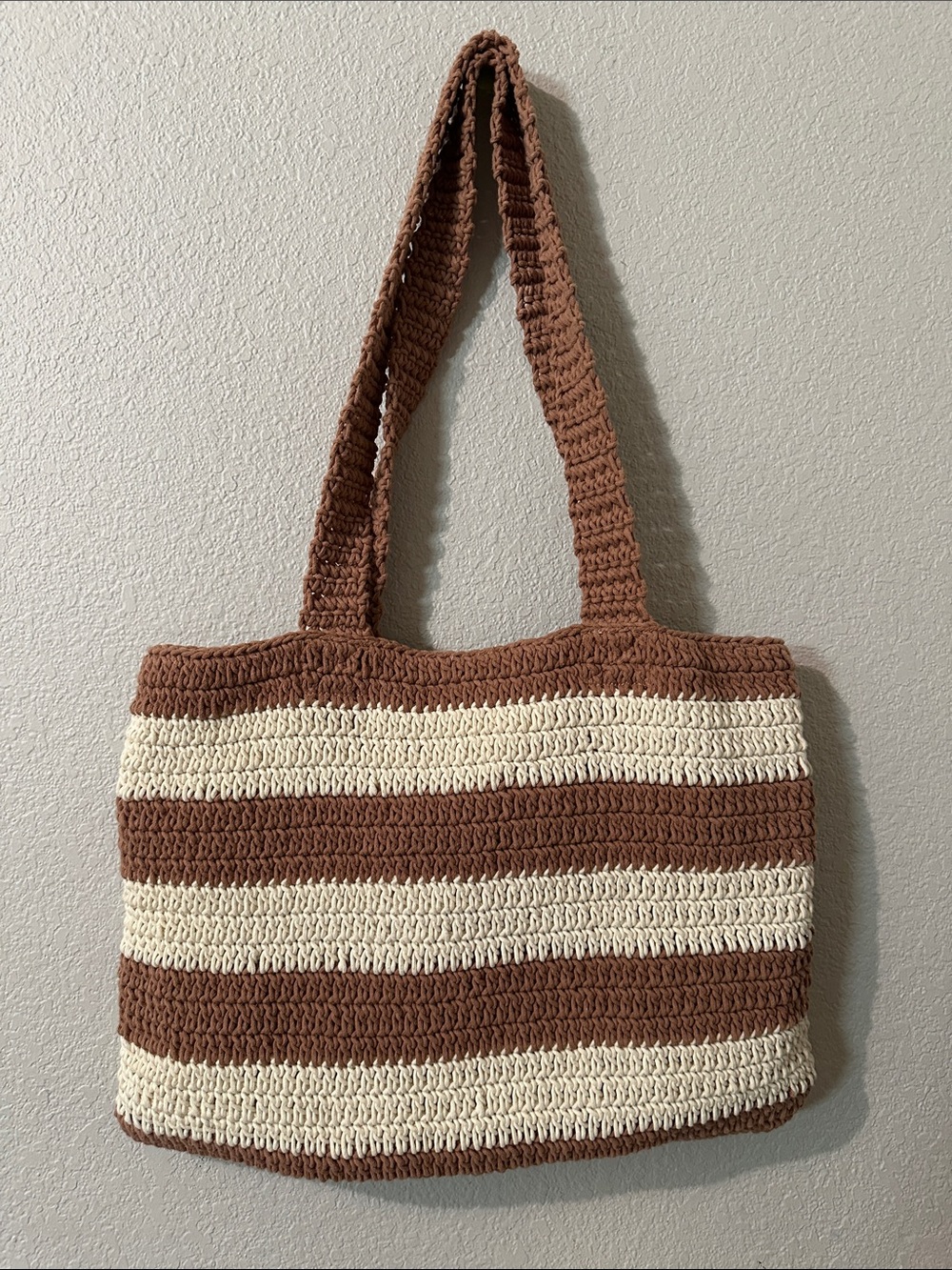 a new day Brown and Cream Striped Crochet Tote